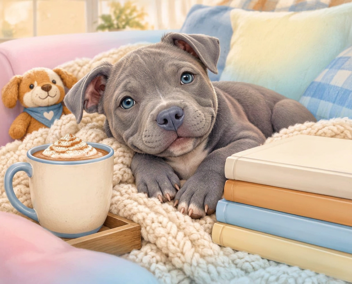 A cute blue-gray pit bull puppy with bright blue eyes, curled up on a plush couch upholstered in a soft pink-to-light-blue ombre, beside a cup of cocoa and a stack of picture books
